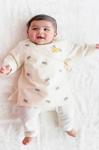 Cream embroidered cotton  kurta pyjama