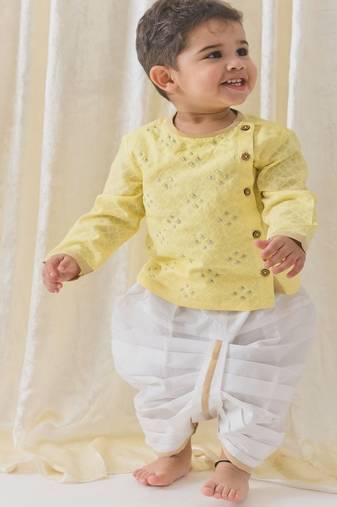 Yellow embroidered cotton  kurta pyjama