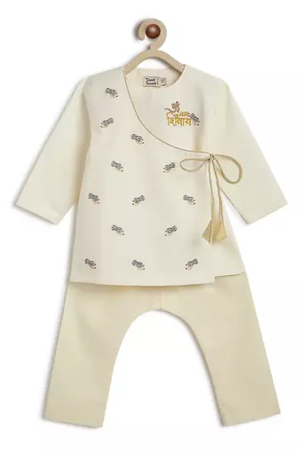 Cream embroidered cotton  kurta pyjama
