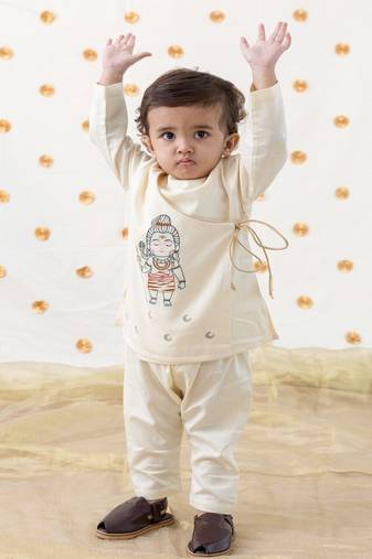 Cream embroidered cotton  kurta pyjama