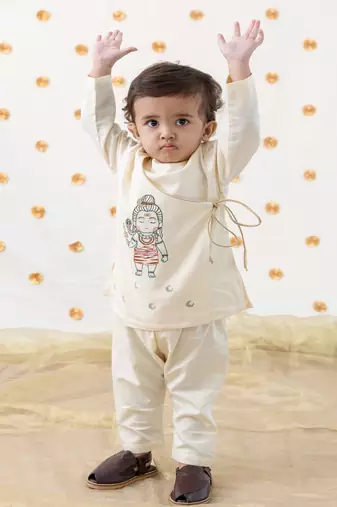 Cream embroidered cotton  kurta pyjama
