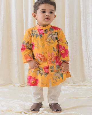 Yellow printed cotton  kurta pyjama 1