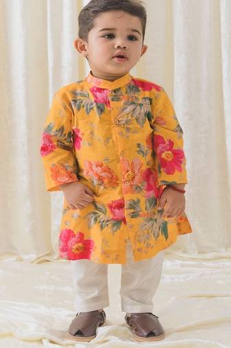 Yellow printed cotton  kurta pyjama