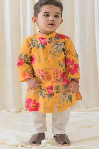 Yellow printed cotton  kurta pyjama