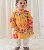 Yellow printed cotton  kurta pyjama