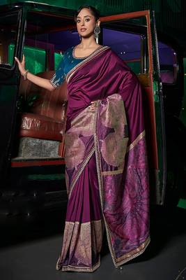 Wine pure silk weaved pallu & border with embroidery blouse saree with blouse 1