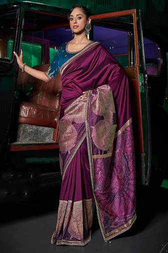 Wine pure silk weaved pallu & border with embroidery blouse saree with blouse