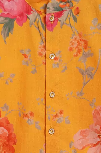 Yellow printed cotton  kurta pyjama