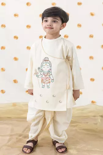 Cream embroidered cotton  kurta pyjama