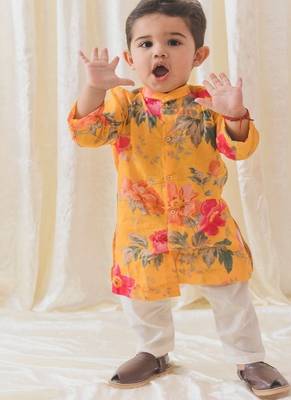Yellow printed cotton  kurta pyjama 4
