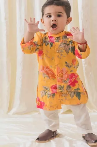 Yellow printed cotton  kurta pyjama