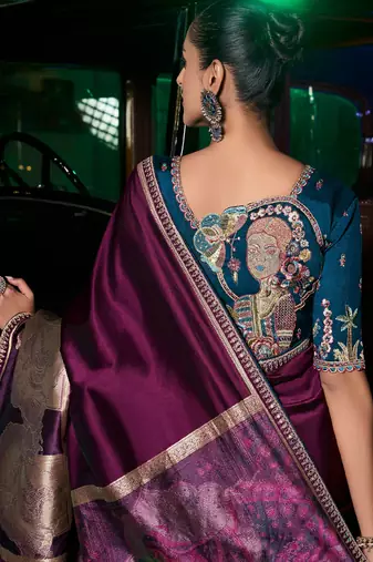 Wine pure silk weaved pallu & border with embroidery blouse saree with blouse