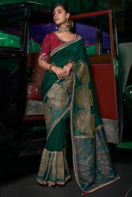 Green silk blend weaved pallu saree with embroidered blouse 1