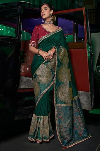 Green silk blend weaved pallu saree with embroidered blouse