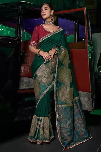 Green silk blend weaved pallu saree with embroidered blouse