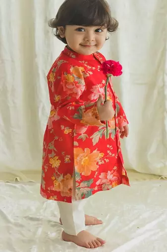 Red printed cotton  kurta pyjama