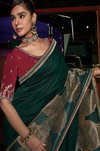 Green silk blend weaved pallu saree with embroidered blouse
