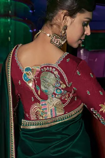 Green silk blend weaved pallu saree with embroidered blouse