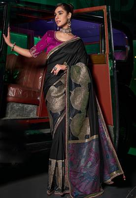 Black silk blend weaved pallu saree with embroidered blouse 1