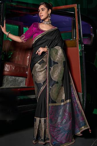 Black silk blend weaved pallu saree with embroidered blouse