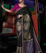 Black silk blend weaved pallu saree with embroidered blouse