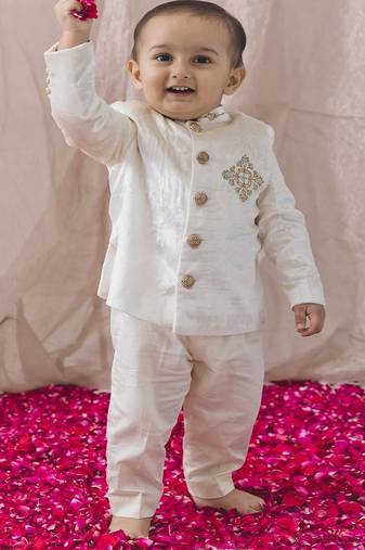 Cream embroidered viscose bandhgala set