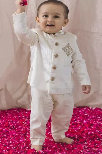 Cream embroidered viscose bandhgala set