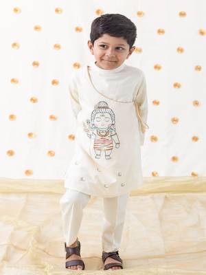 Cream embroidered cotton  kurta pyjama 1