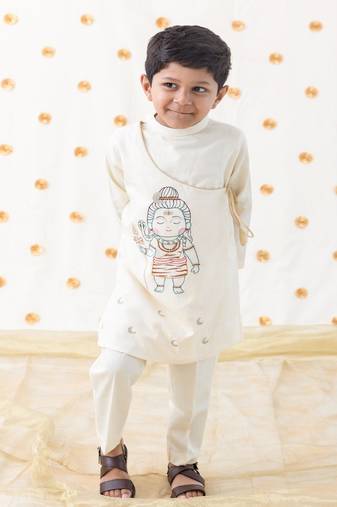 Cream embroidered cotton  kurta pyjama