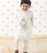 Cream embroidered cotton  kurta pyjama