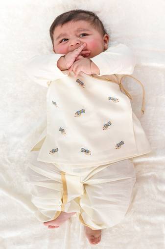 Cream embroidered cotton  kurta pyjama