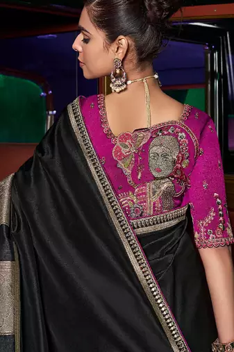 Black silk blend weaved pallu saree with embroidered blouse