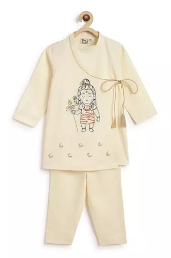 Cream embroidered cotton  kurta pyjama