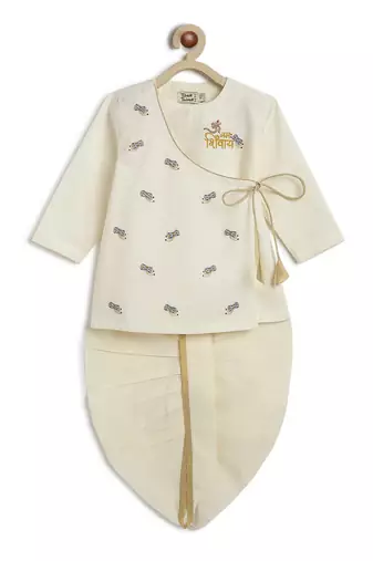 Cream embroidered cotton  kurta pyjama