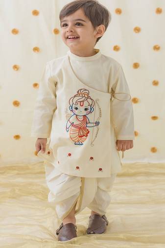 Cream embroidered cotton  kurta pyjama