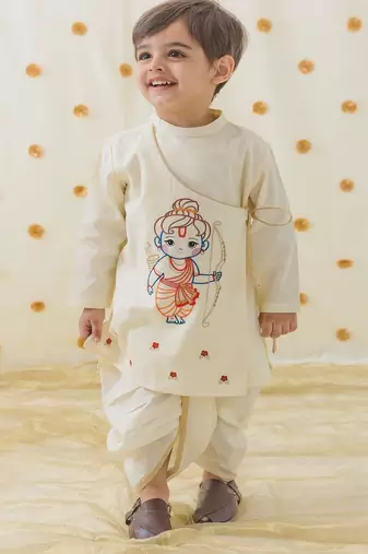 Cream embroidered cotton  kurta pyjama