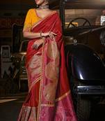 Red silk blend weaved pallu saree with embroidered blouse
