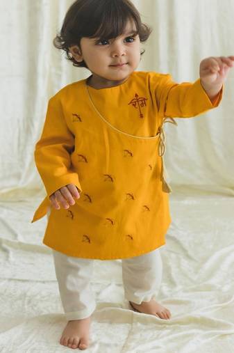 Yellow embroidered cotton  kurta pyjama