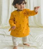 Yellow embroidered cotton  kurta pyjama