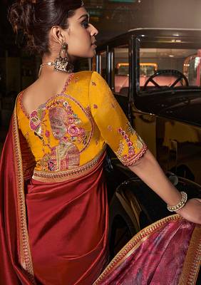 Red silk blend weaved pallu saree with embroidered blouse 2