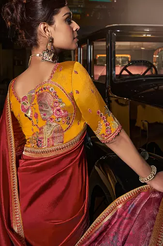 Red silk blend weaved pallu saree with embroidered blouse