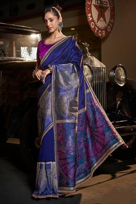 Blue silk blend weaved pallu saree with embroidered blouse 1