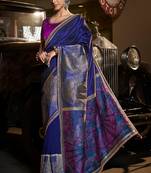 Blue silk blend weaved pallu saree with embroidered blouse