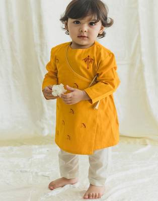 Yellow embroidered cotton  kurta pyjama 4