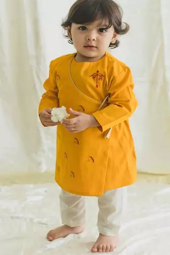 Yellow embroidered cotton  kurta pyjama