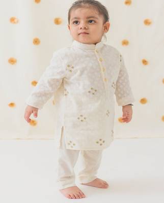 Cream embroidered cotton  kurta pyjama 1