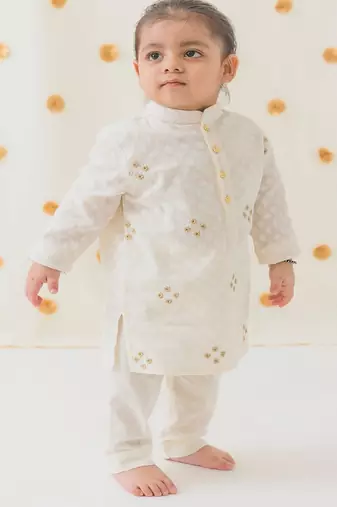 Cream embroidered cotton  kurta pyjama