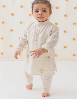Cream embroidered cotton  kurta pyjama 2