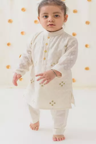 Cream embroidered cotton  kurta pyjama