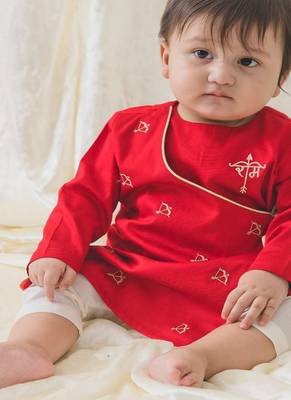 Red embroidered cotton  kurta pyjama 1